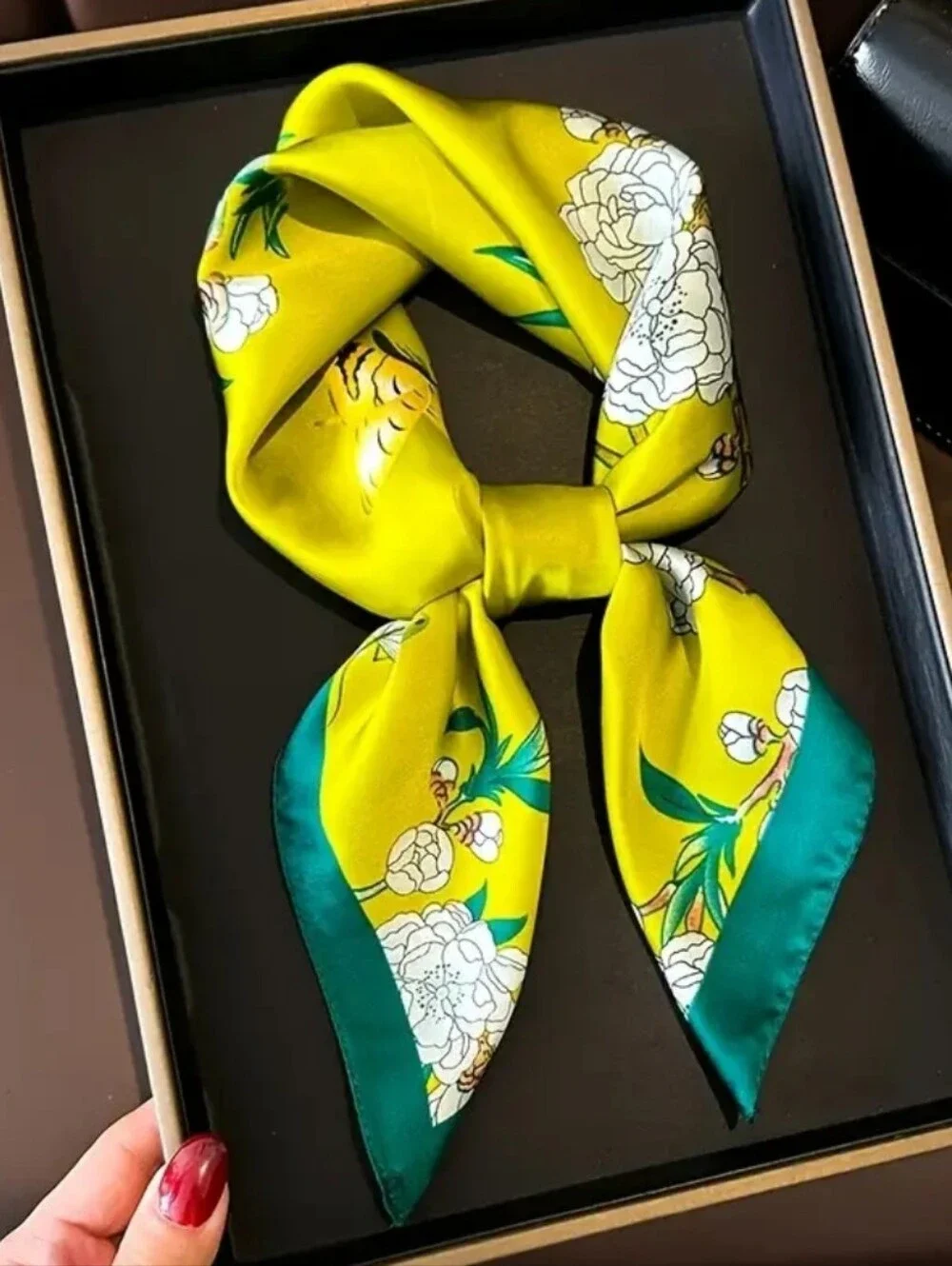 Silk-feelYellow Floral  Scarf with Green  - Women's Head Scarf , Neck Scarf